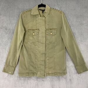 WHBM Military Style Jacket XS Army Olive Green Gold Button Brass Tone Studs FLAW